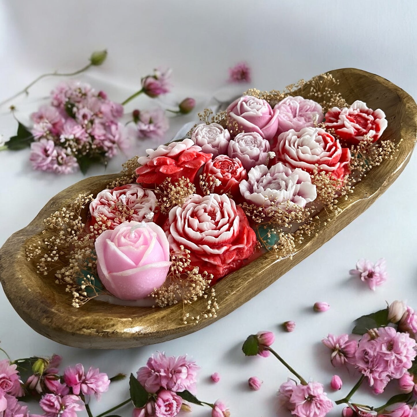 Flowers in a wooden bowl