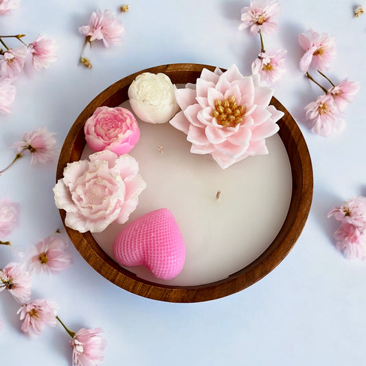 Flowers in a large round wooden bowl