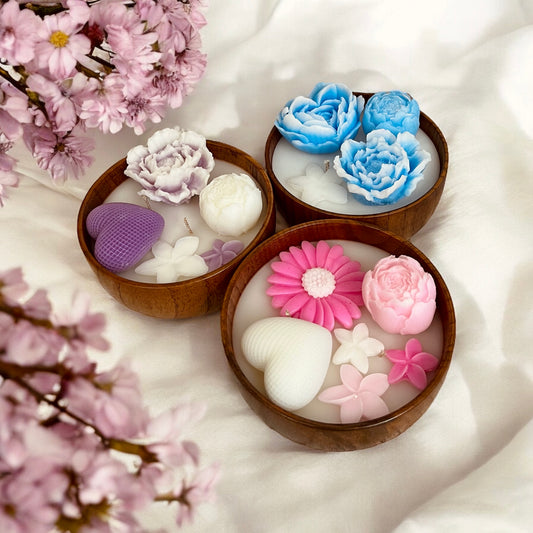 Flowers in a medium round wooden bowl