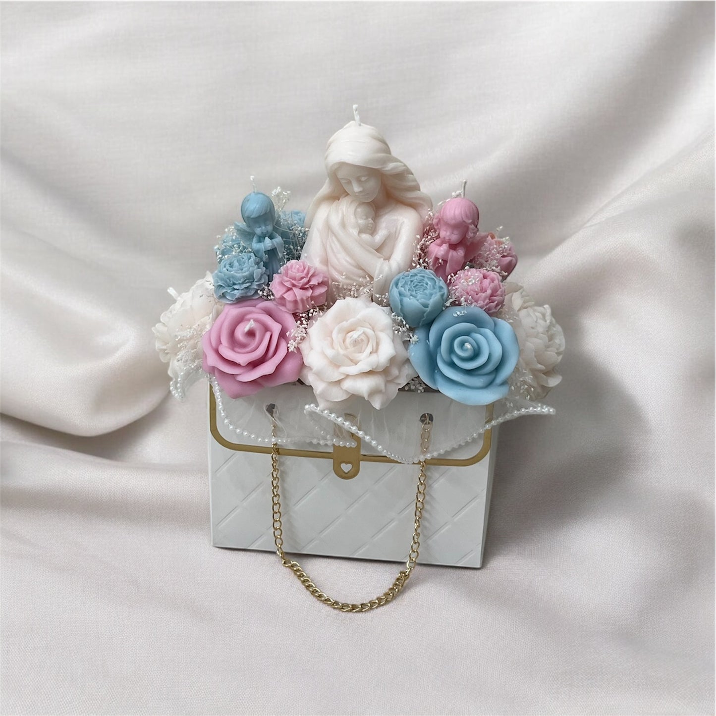 Bouquet de flores en caja tipo cartera para revelación de género
