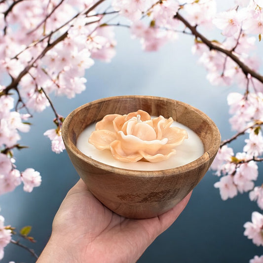 Flowers in a small round wooden bowl